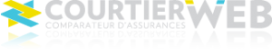 Logo pour CourtierWeb Comparateur d’Assurances avec des formes géométriques grises et jaunes à gauche, et un reflet en miroir du texte en dessous.
