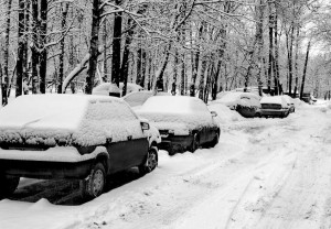 Plusieurs voitures stationnées le long d'une rue enneigée et bordée d'arbres à Ste-Julie sont recouvertes d'une épaisse couche de neige, avec des traces de pneus et des arbres nus visibles, créant une scène urbaine hivernale où l'assurance voiture devient essentielle.