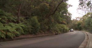 Par temps nuageux, une voiture roule sur une route sinueuse bordée d'une végétation dense et de grands arbres. La route tourne à droite, passant devant une glissière de sécurité métallique, avec une colline boisée sur la gauche.