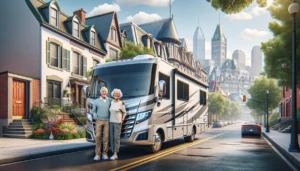 Un couple de personnes âgées se tient souriant devant un grand camping-car moderne garé dans une rue de la ville bordée de bâtiments en grès brun, avec une ligne d'horizon lumineuse en arrière-plan.
